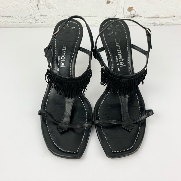 Vintage Gunmetal Italy Black Leather Slingback Fringe Tassel Sandal Heels 8.5B - Picture 7 of 10